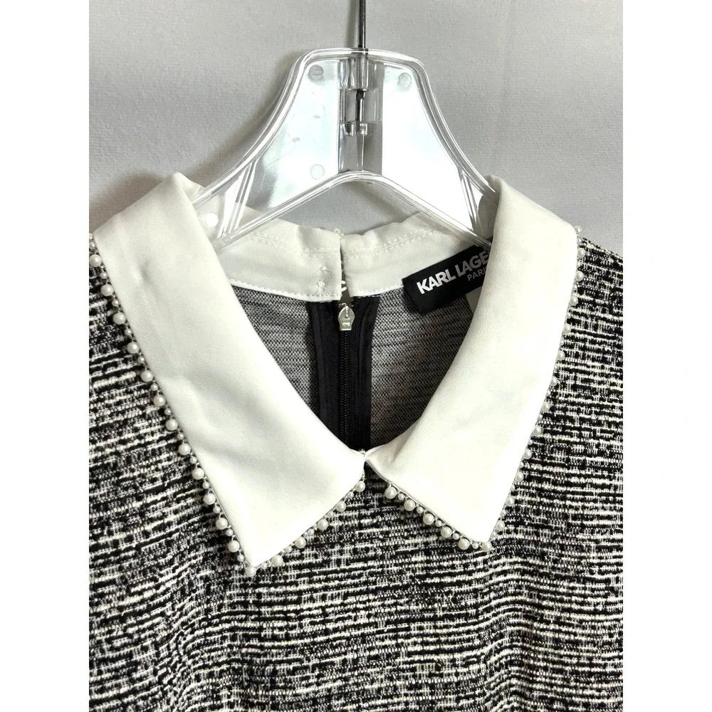 Karl Lagerfeld Paris Tweed Mini Dress Black Whte Faux Pearl Short Puff Sleeve 12 - Picture 14 of 16